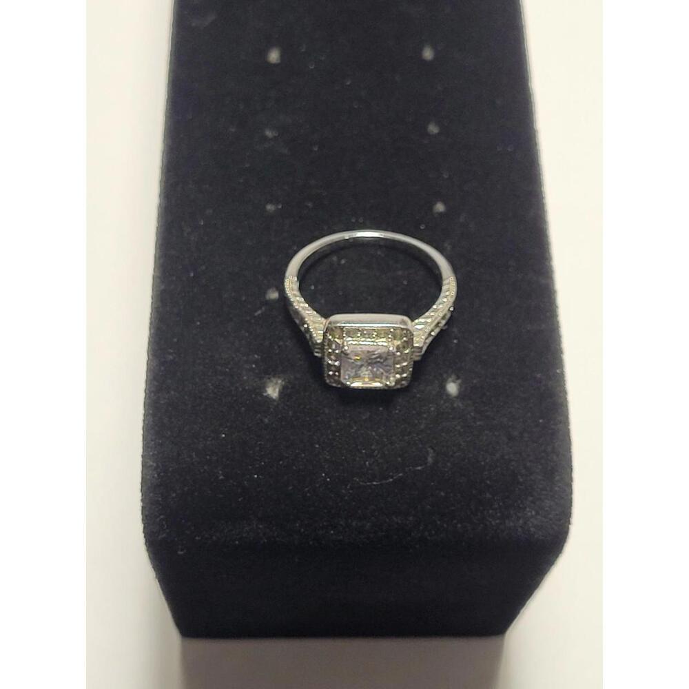 Silvertone Ring Clear Rhinestone Solitaire Halo Encrusted Accents Fashion...